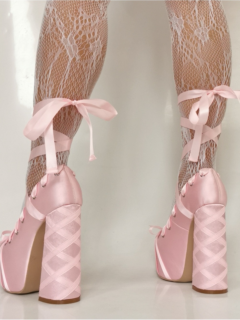 Sugar Thrillz Pale Pink Satin Lace-Up Platform Heels